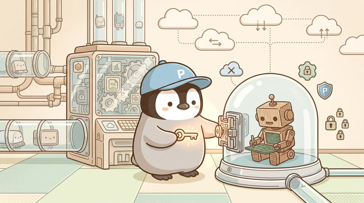 金色の鍵を持ち、sandbox上のネットワーク門を開けようとするこぺんぎん