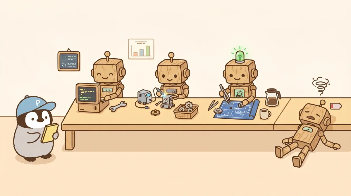 3体のロボットがそれぞれ楽しく作業し、右端の4体目が倒れていて、左でこぺんぎんが心配そうに見ている