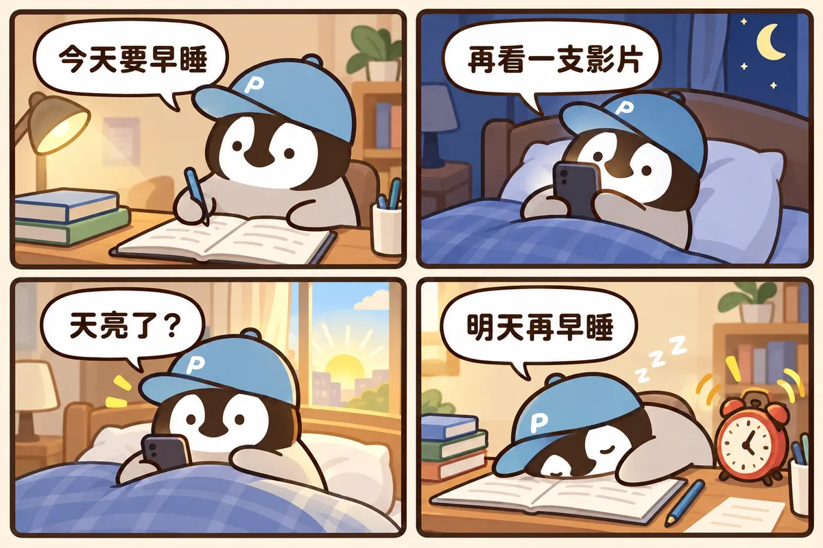 四格漫畫範例：戴藍帽的小企鵝說要早睡，結果滑手機到天亮，最後趴在書桌上睡著（ChatGPT 生成的範例圖，AI 生成）