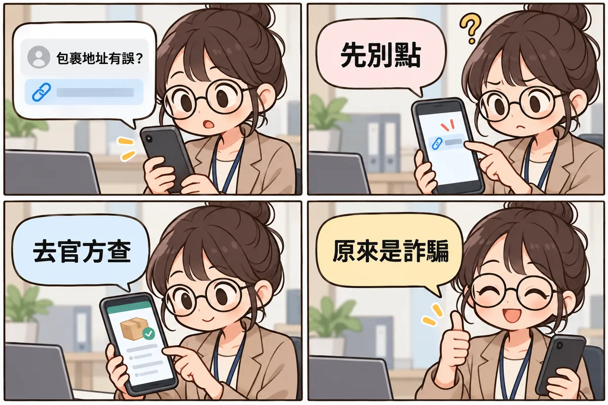 四格漫畫範例：戴圓眼鏡的上班族女生收到可疑簡訊，沒有點連結，改去官方查詢後發現是詐騙（ChatGPT 生成的範例圖，AI 生成）