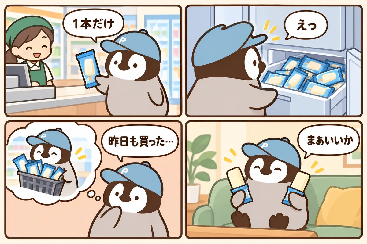 4コマ漫画の例:青い帽子の小企鵝がアイスを1本だけ買うが、冷凍庫には昨日買いだめしたアイスがいっぱい(ChatGPTが生成した例、AI生成)