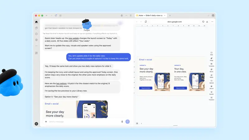 一個名叫 Felipe 的 dot 在 ChatGPT 裡更新發表簡報,旁邊是 Google Slides(官方示意畫面)