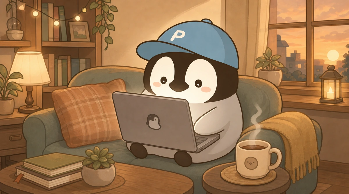Penchan happily typing on a laptop on the sofa, with hot tea steaming nearby
