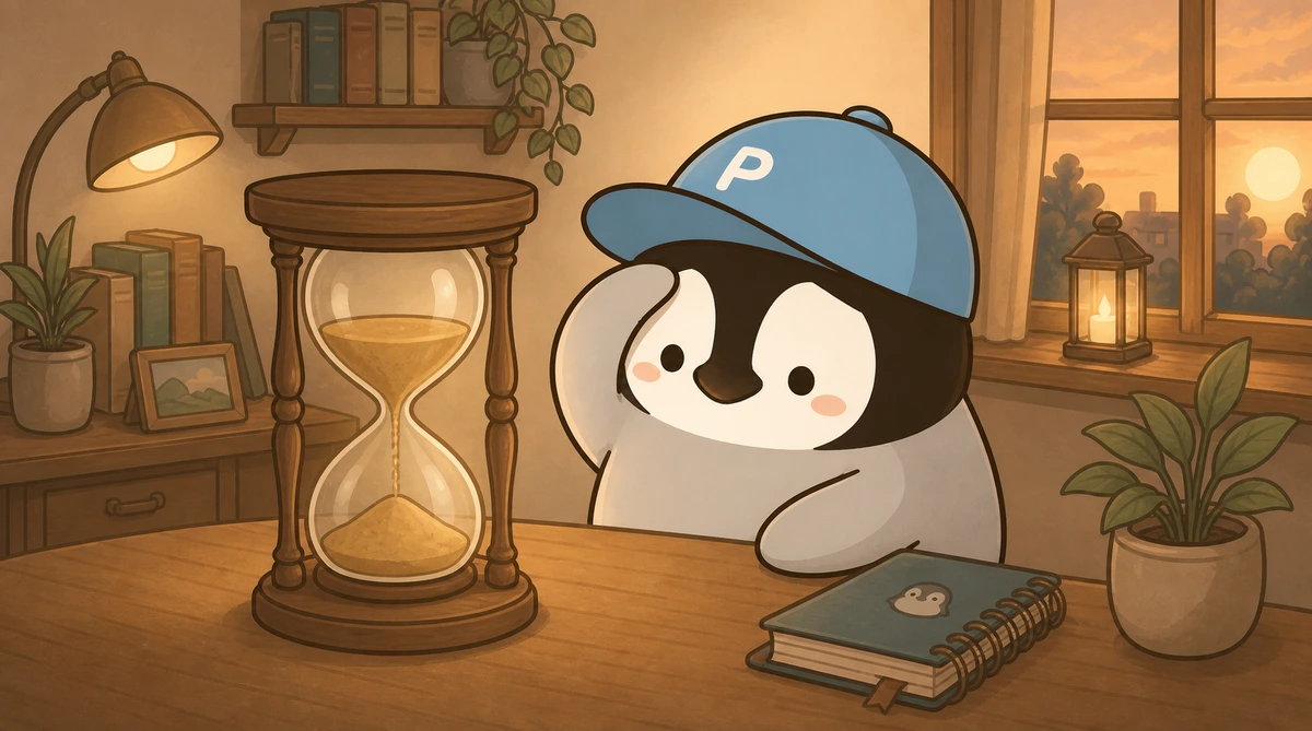 Penchan waiting beside an hourglass as sand falls, with a notebook on the desk