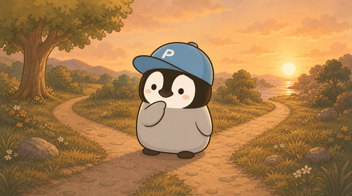 Penchan standing at a dusk fork in the road, thinking while looking at two paths