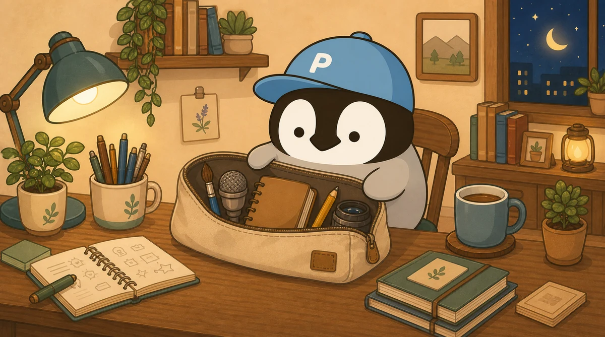 Penchan pulling a paintbrush, microphone, and programming notebook from a tool bag, with a ChatGPT icon sticker on the laptop
