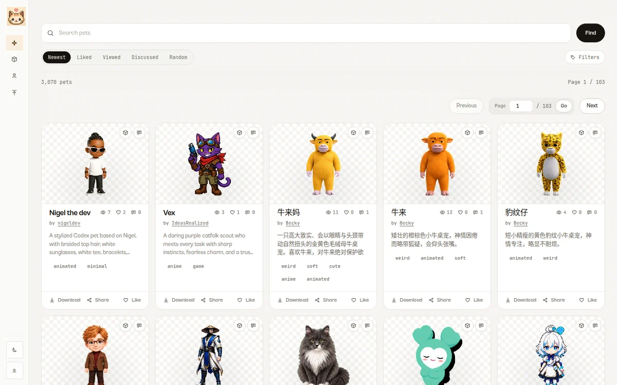 codex-pets.net 首頁的寵物圖庫，每張卡片下面有 Download、Share、Like