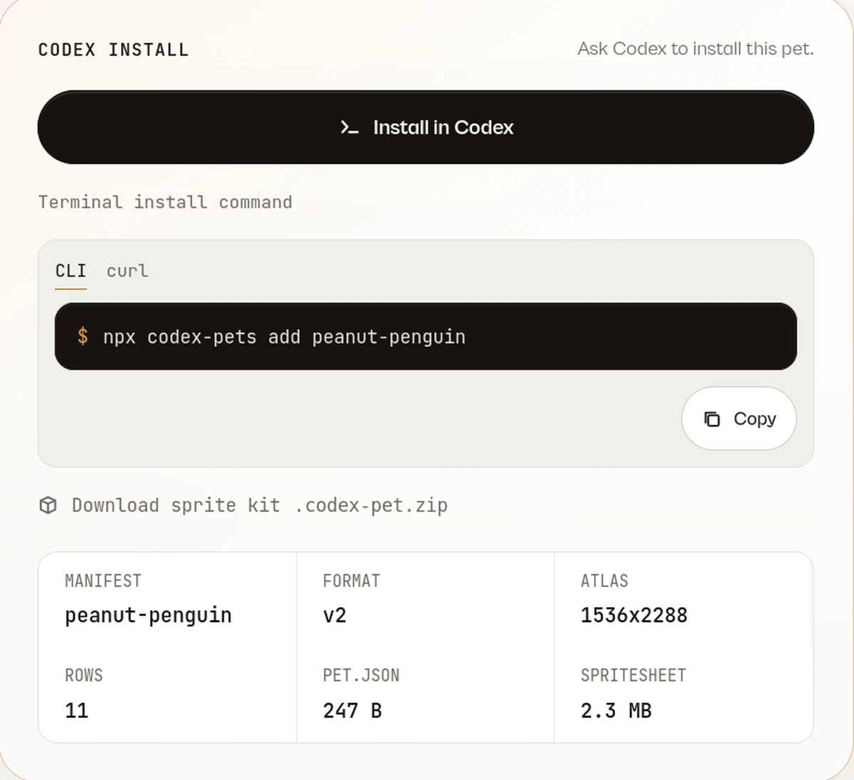codex-pets.net 角色頁右側的 CODEX INSTALL 面板，有 Install in Codex 按鈕、npx 終端機指令、sprite kit 下載連結與規格表