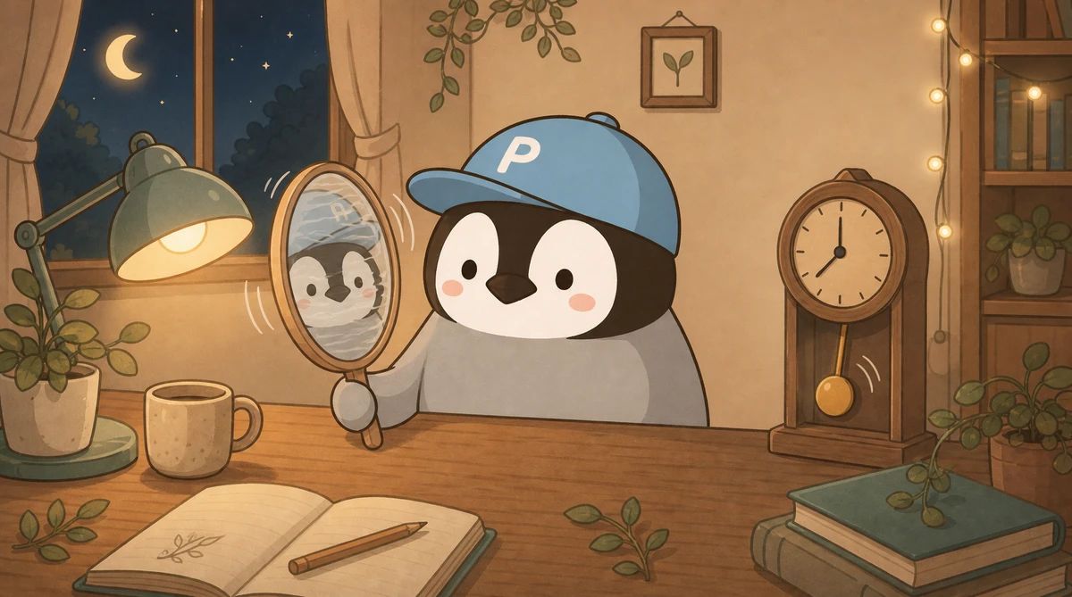 Penchanが深夜に小さな鏡を持って自分を見つめ、隣では暖かい光の中で振り子が揺れている