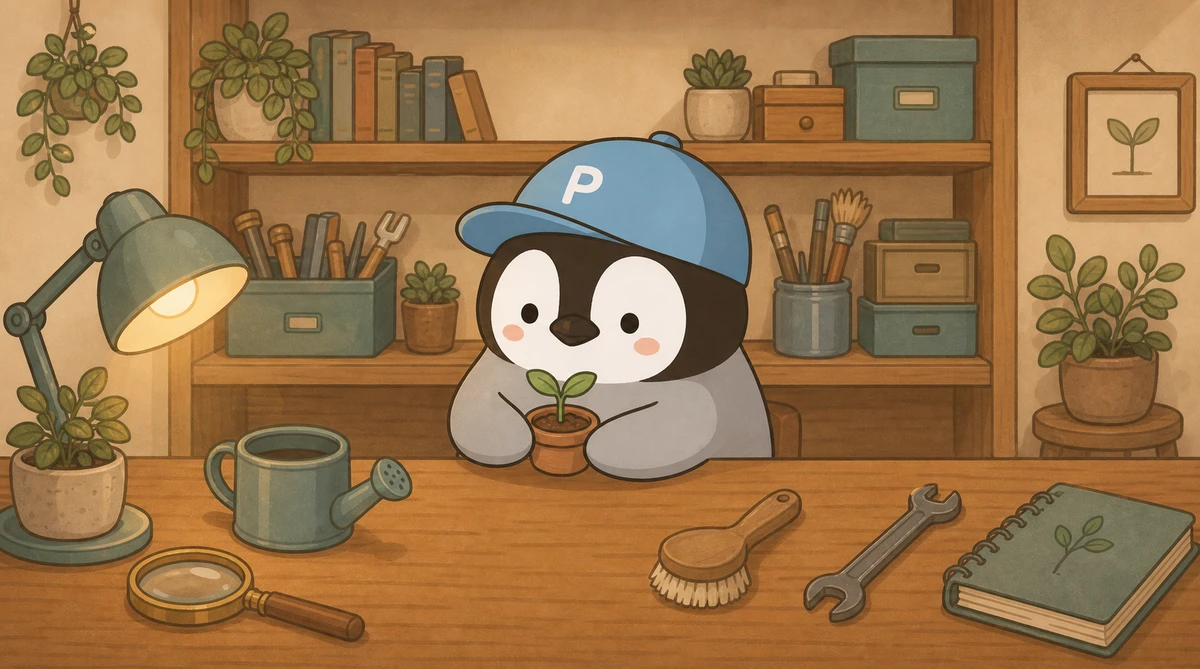 Penchanが木製の棚の前でいろいろな道具を見比べ、両手で育ちかけの苗を抱えている