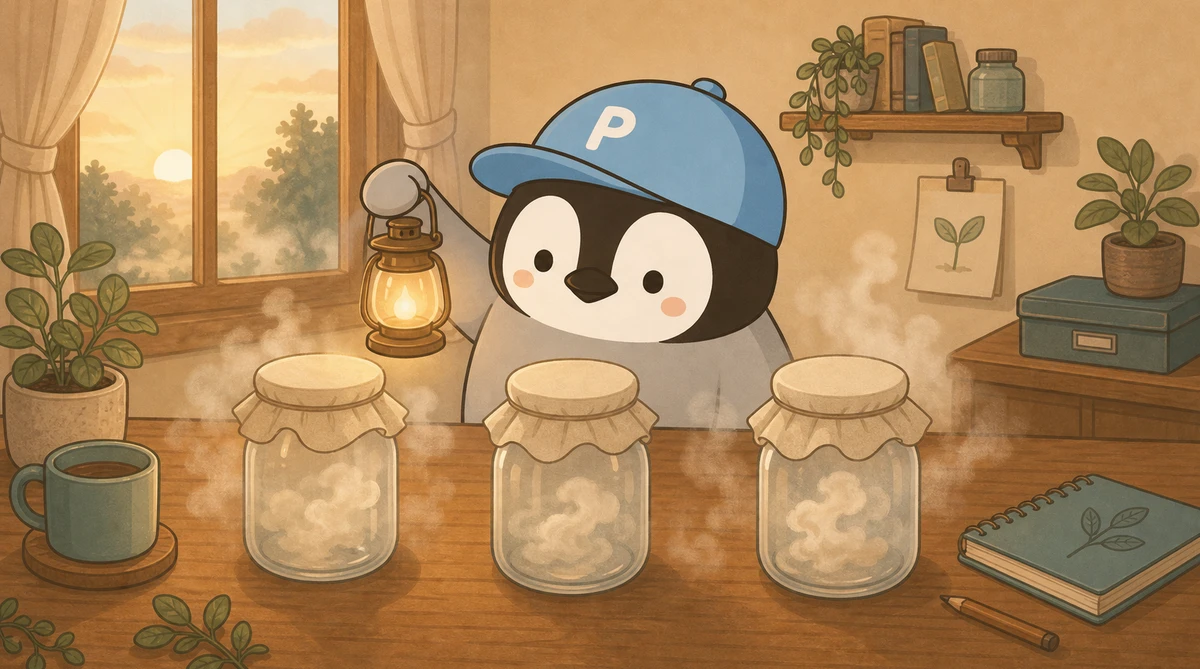 Penchanが小さなランプを持ち、布をかけた3つのガラス瓶を見つめている。朝霧の中にはまだ未知のものが残っている