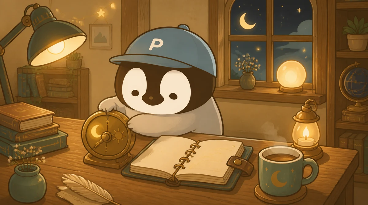 Penchan adjusting a language knob at a moonlit desk, with a glowing Gemini sticker beside it