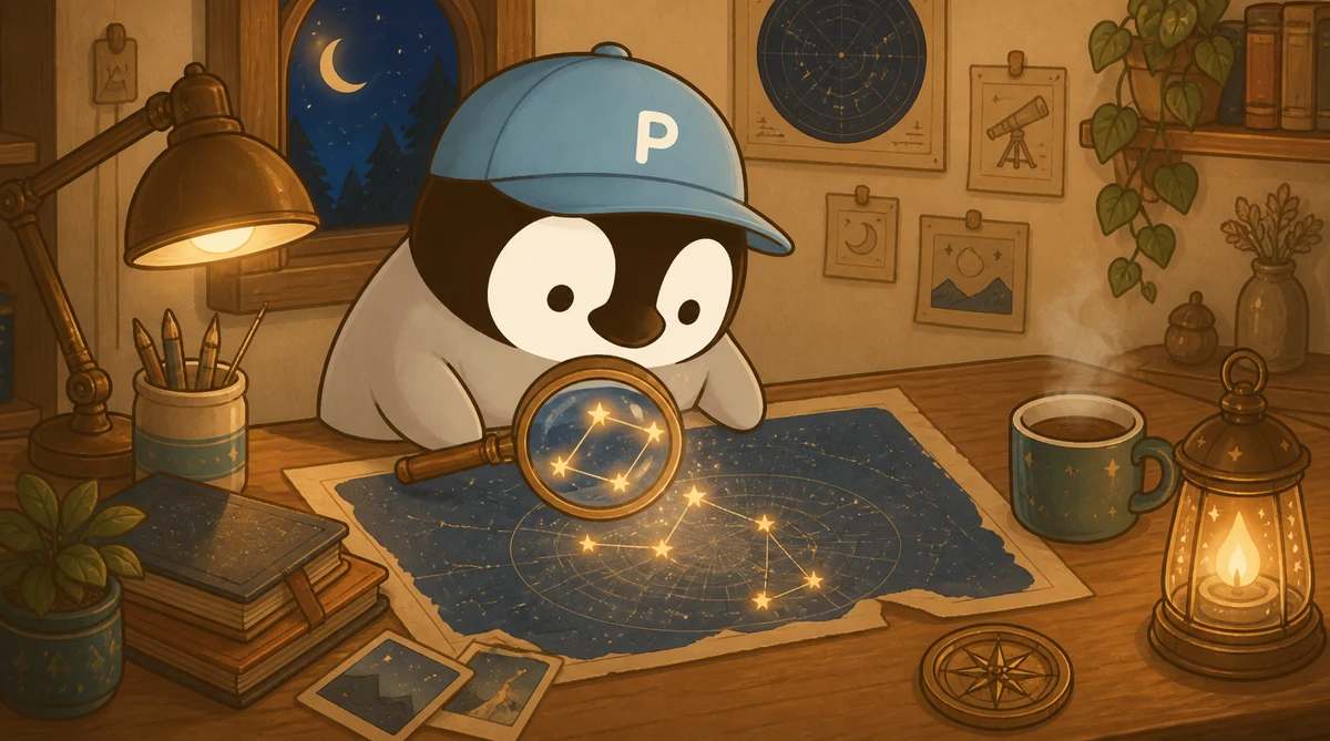 Penchan looking through a magnifying glass as a blurry star map turns into a clear constellation