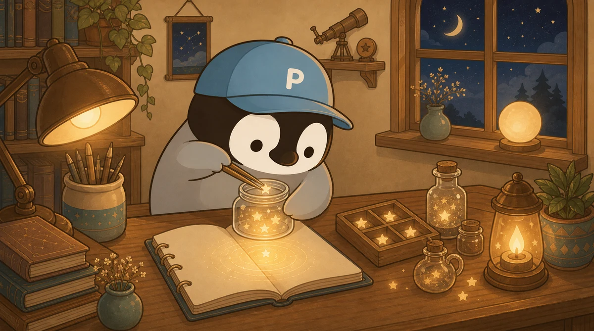 Penchan placing tiny star examples into a glowing glass jar