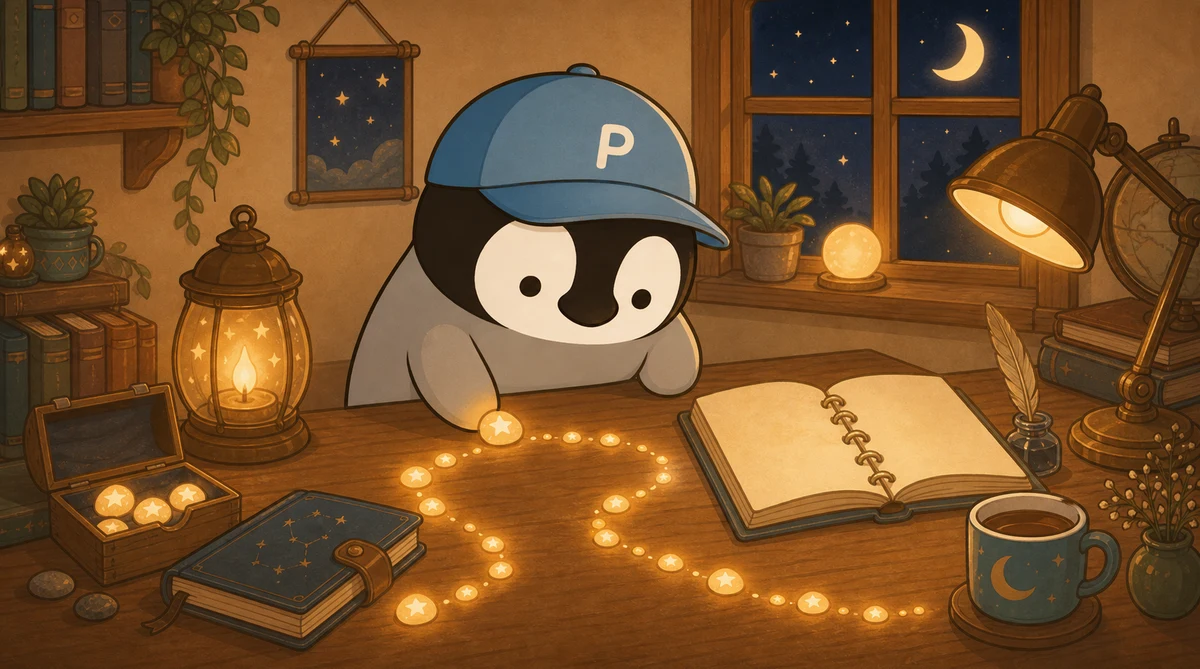 Penchan arranging glowing star stones one by one into a quiet little path