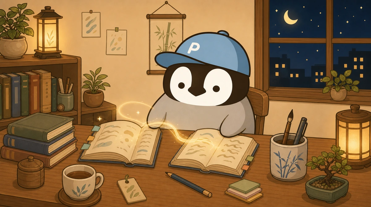 Penchan waving a tiny conductor's baton as starlight paper birds fly between two books