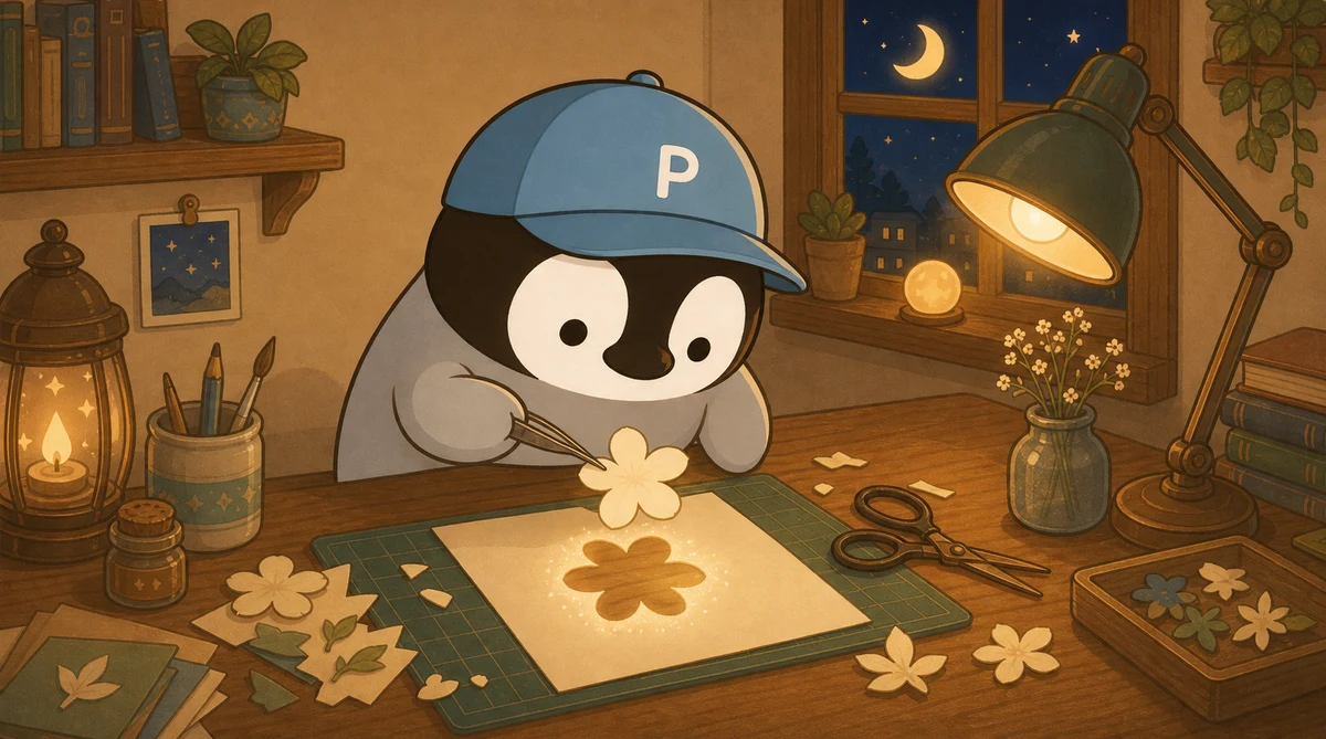 Penchan gently lifting a flower silhouette from paper with tiny tweezers