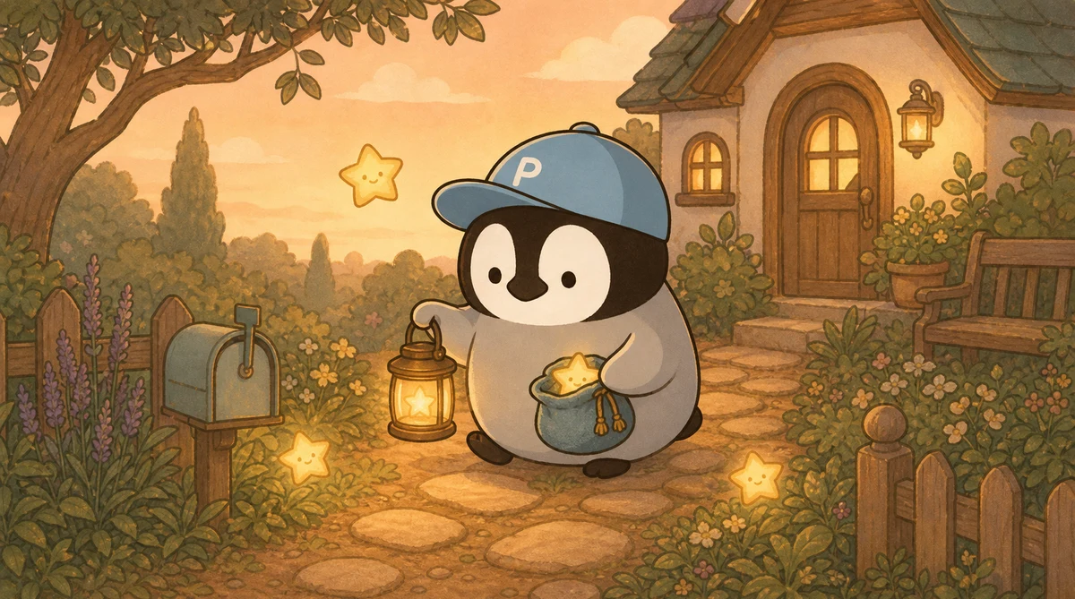 Penchan carrying a small lamp along a starlit path while exploring everyday tasks available on the free plan