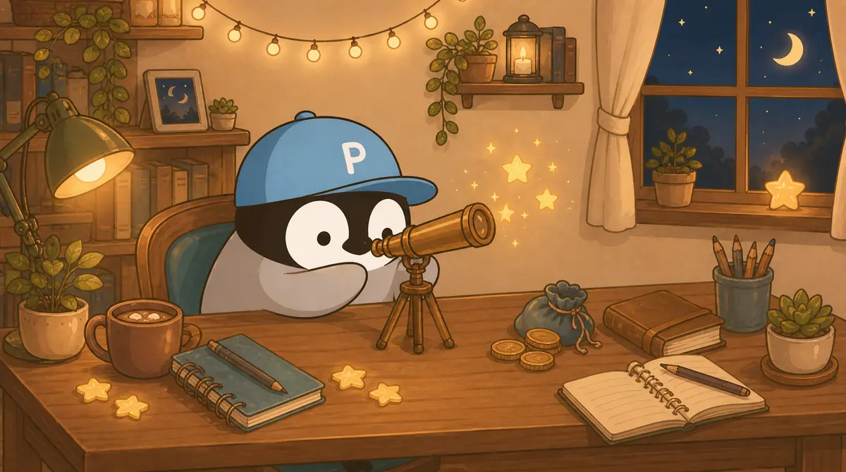 Penchan seeing a farther blue-gold nebula through a telescope on a small observatory deck