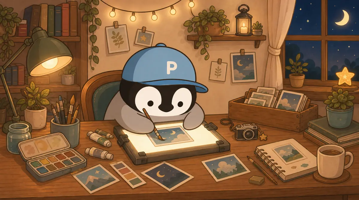 Penchan continuously making small space-themed images at a starlit work desk