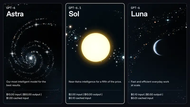 OpenAI 官方三張模型卡：GPT-6 Astra 輸入 10 美元、輸出 50 美元；GPT-6.1 Sol 輸入 2 美元、輸出 10 美元；GPT-6 Luna 輸入 0.10 美元、輸出 0.50 美元（每百萬 token）