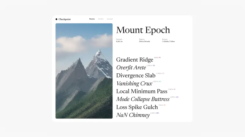 Grok 4.6 官方影片畫面：一份名為 Mount Epoch 的登山路線文件，左側是雪山照片，右側是襯線字體排版的路線清單，版面完整像正式出版品