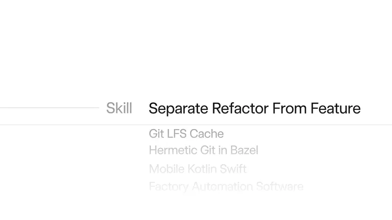 Grok 4.6 官方影片畫面：Skill 技能清單，包含 Separate Refactor From Feature、Git LFS Cache、Hermetic Git in Bazel、Mobile Kotlin Swift、Factory Automation Software 等項目