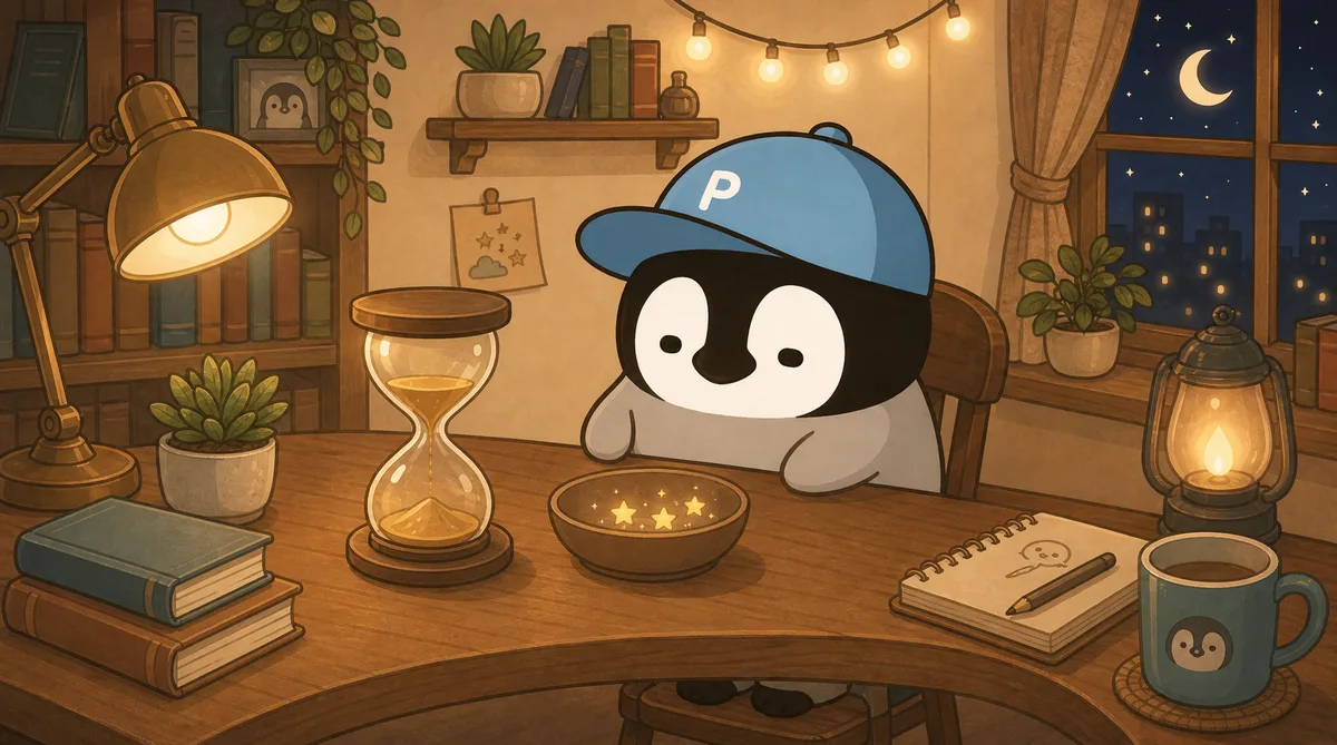 Penchanが砂時計の横でGrok無料枠の回復を待つ