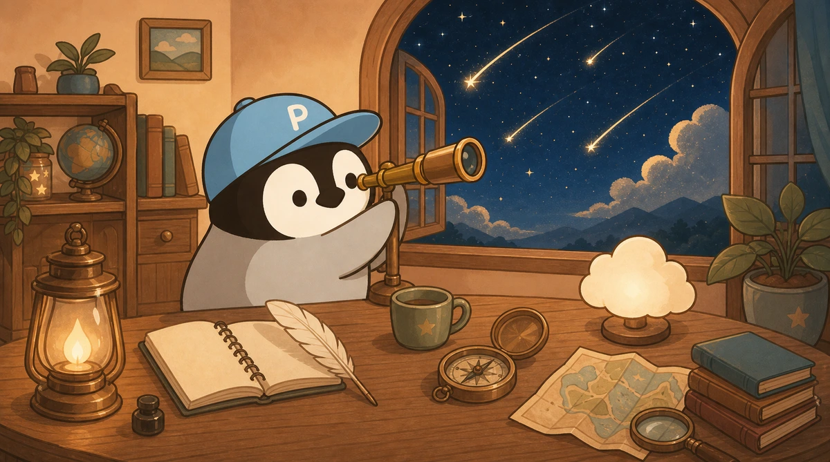 Penchanが机の上でGrok望遠鏡を手に取りリアルタイムニュースを観察する