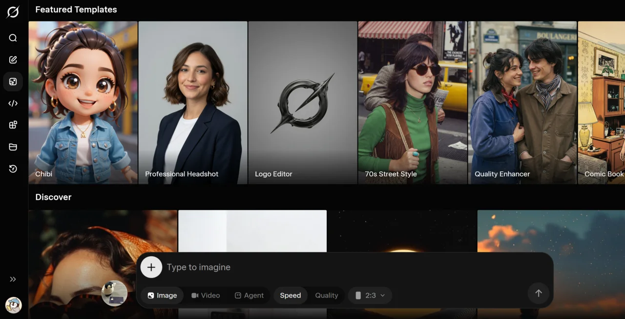 Grok Imagine interface: Featured Templates and the "Type to imagine" input box