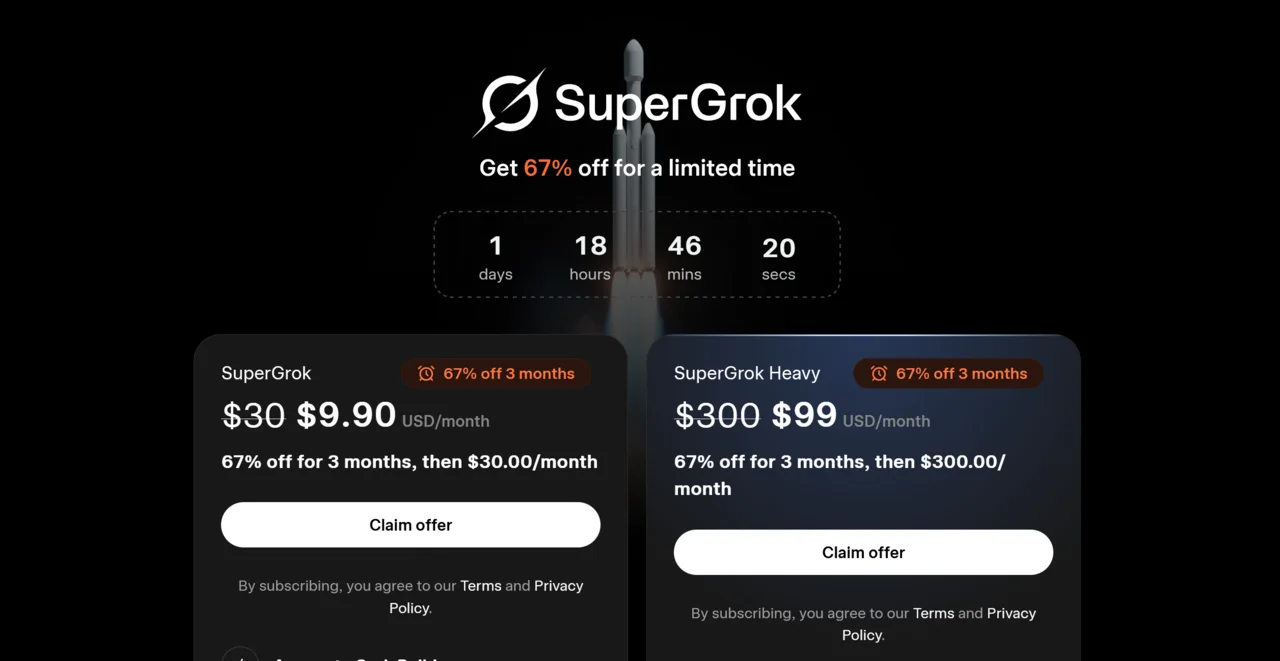 SuperGrok and SuperGrok Heavy subscription plans (screen shows a limited-time discount)