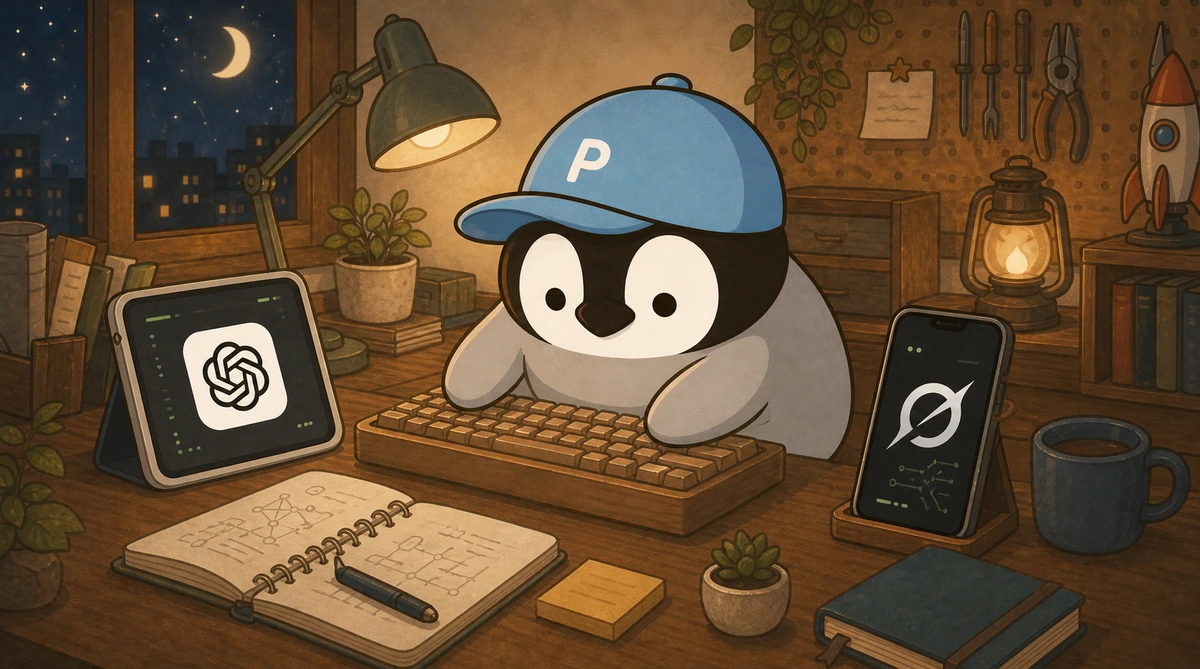 夜の作業机でキーボードを打ちながらコードを直す小さなペンギン
