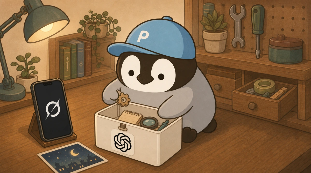 ツール引き出しのそばでAIの小物を整理する小さなペンギン