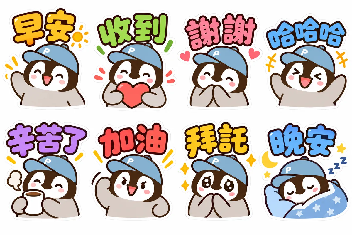 ChatGPT 依指令 1 生成的 8 張小企鵝貼圖,文字是早安、收到、謝謝、哈哈哈、辛苦了、加油、拜託、晚安(AI 生成)