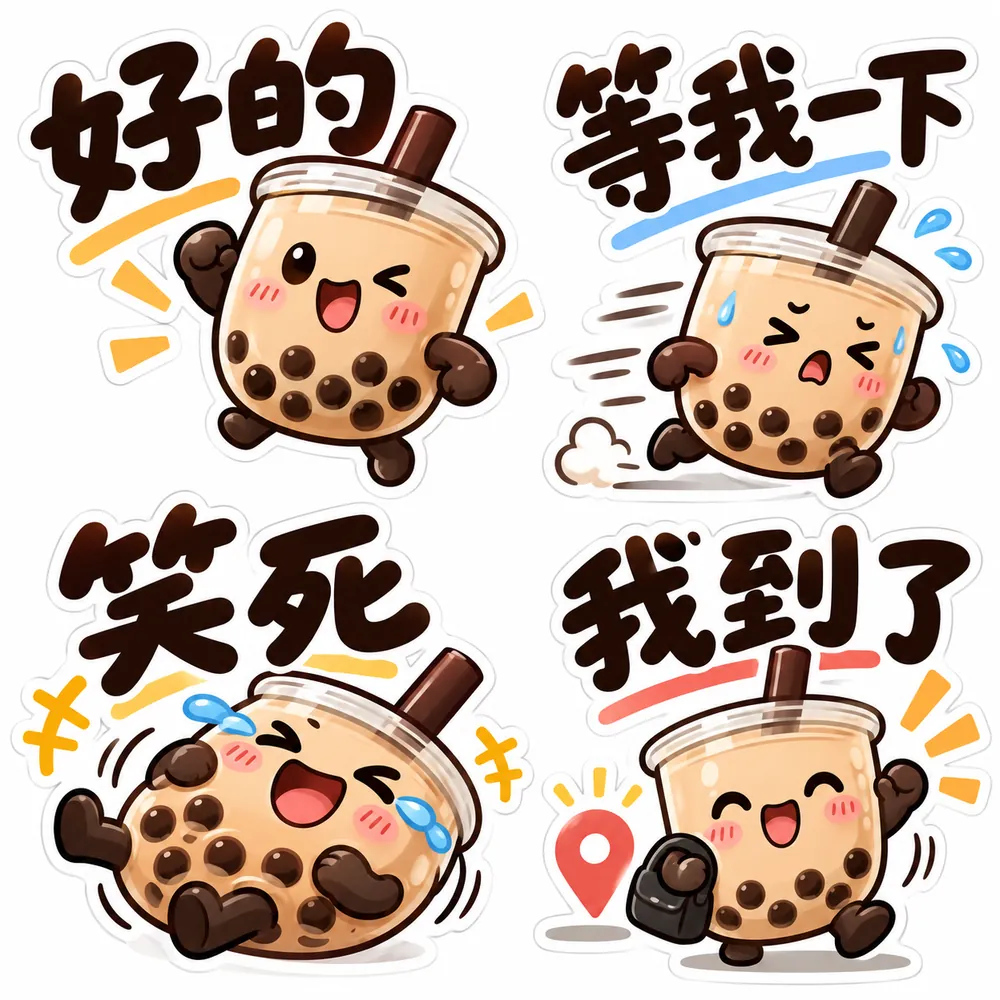 ChatGPT 依指令 2 生成的珍珠奶茶杯角色貼圖 4 張(AI 生成)