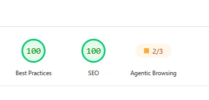小企鵝網站的 Lighthouse 報告:Best Practices 與 SEO 都滿分,新的「Agentic Browsing(AI 代理瀏覽)」只過 2/3