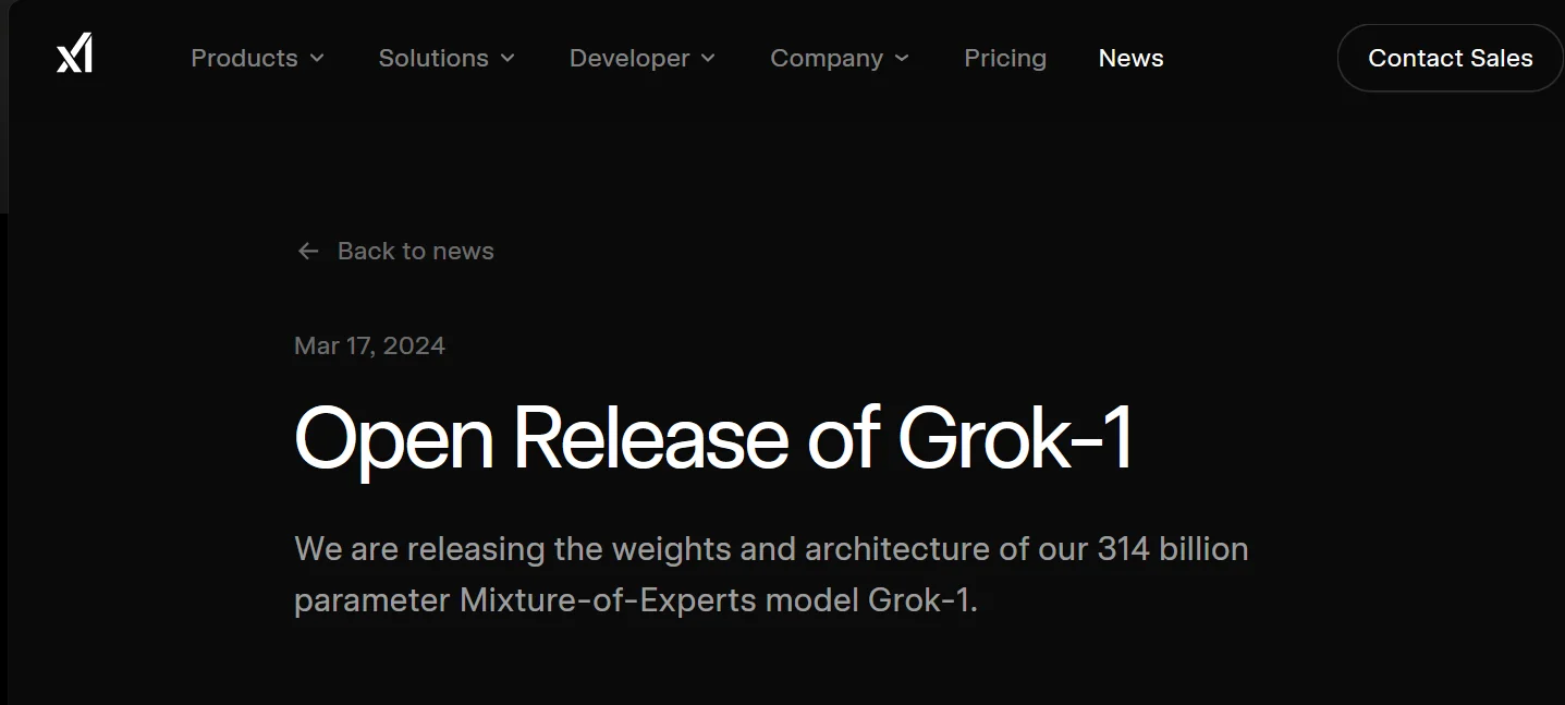 xAI 官方 News 頁面宣布開源 Grok-1:Open Release of Grok-1,釋出 3140 億參數模型的權重與架構
