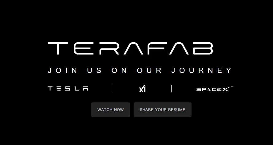 TeraFab recruiting page: JOIN US ON OUR JOURNEY, with the Tesla, xAI, and SpaceX logos lined up below