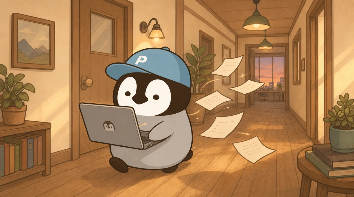 Penchan carrying a laptop through a warm hallway, with sheets of paper gently flying out beside the laptop