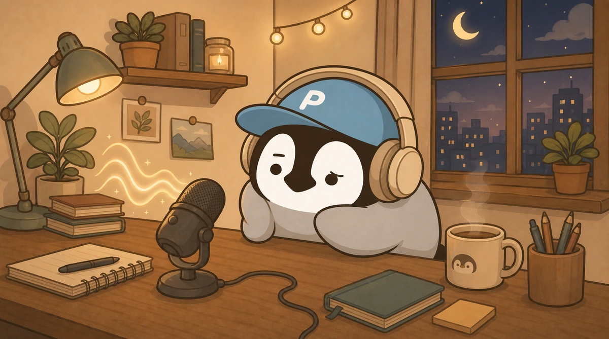 Penchan wearing headphones and listening closely to a recording at a desk, with a microphone nearby