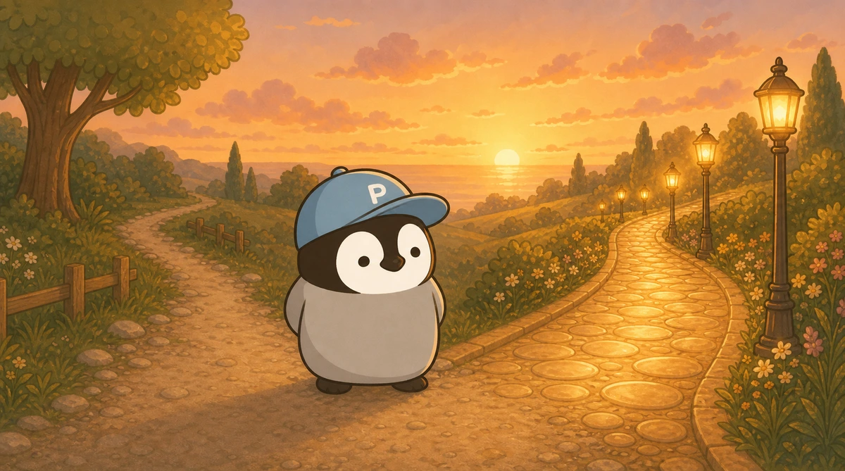 Penchan standing at a fork in the road at sunset, looking toward a simple path and a golden avenue