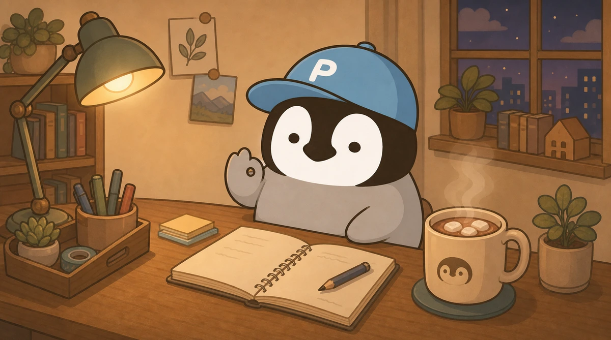 Penchan making a small OK gesture at a desk, with hot cocoa and a notebook nearby