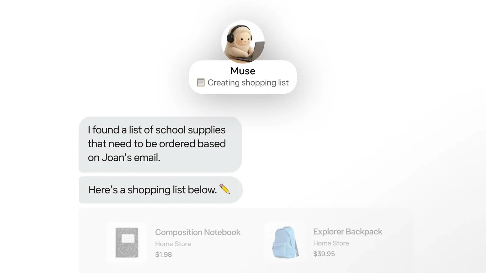 Demo screen showing Muse reading a school email and automatically creating a shopping list