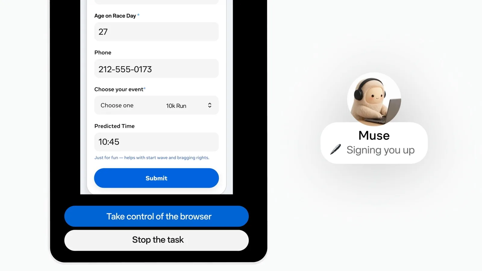 Muse automatically filling out a race registration form, with “Take over browser” and “Stop task” buttons on screen