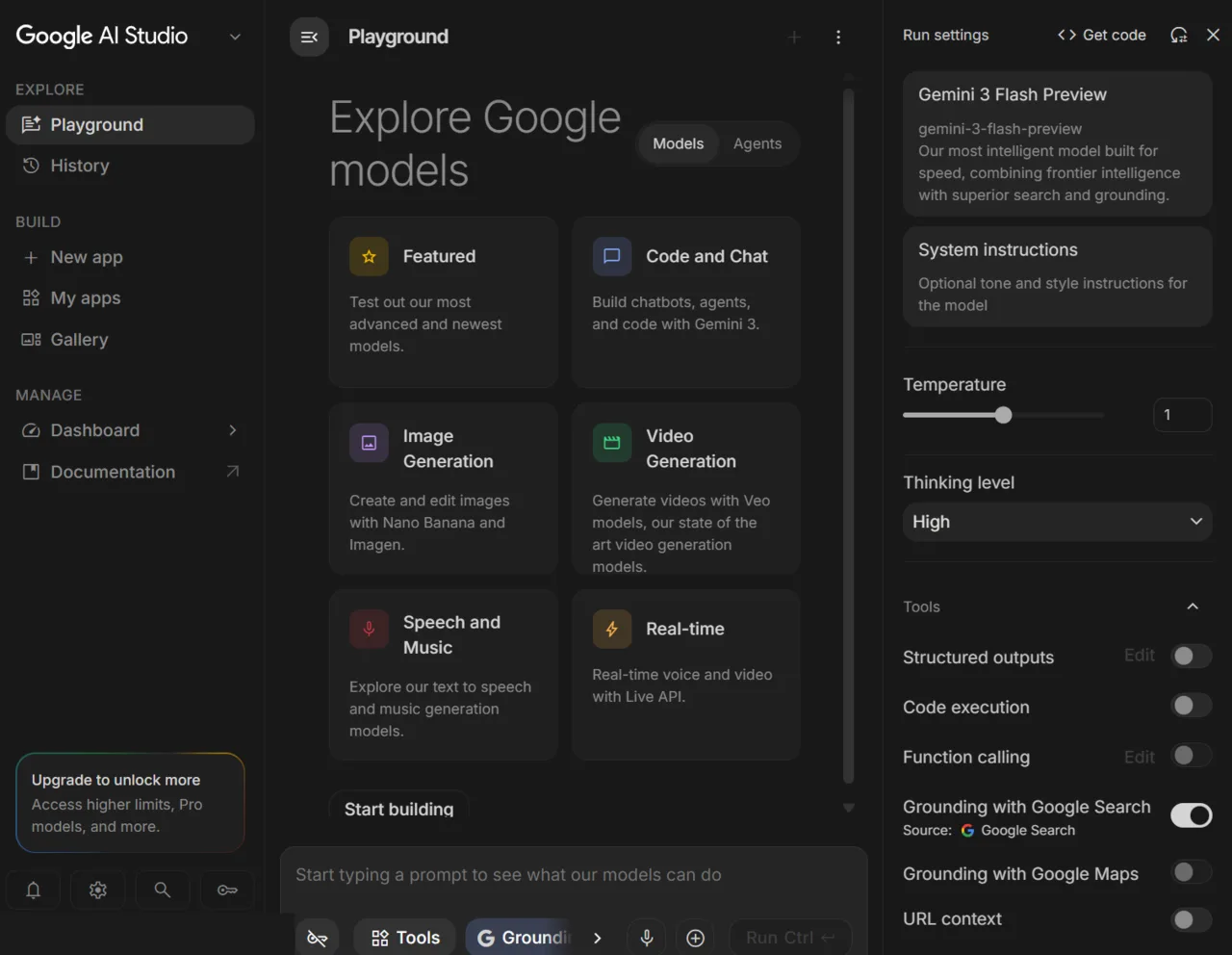 Google AI Studio 開發者介面，可挑選模型、調整參數並產生 API key