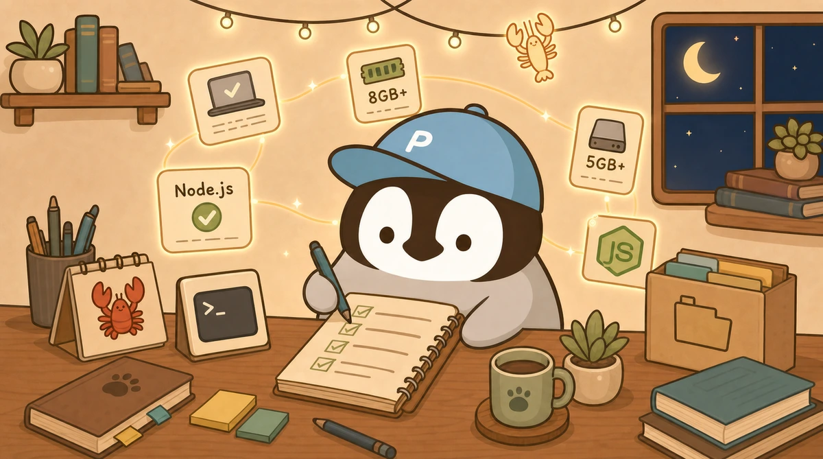 A little penguin checks the OpenClaw prerequisite checklist, terminal, and Node.js environment at a wooden desk
