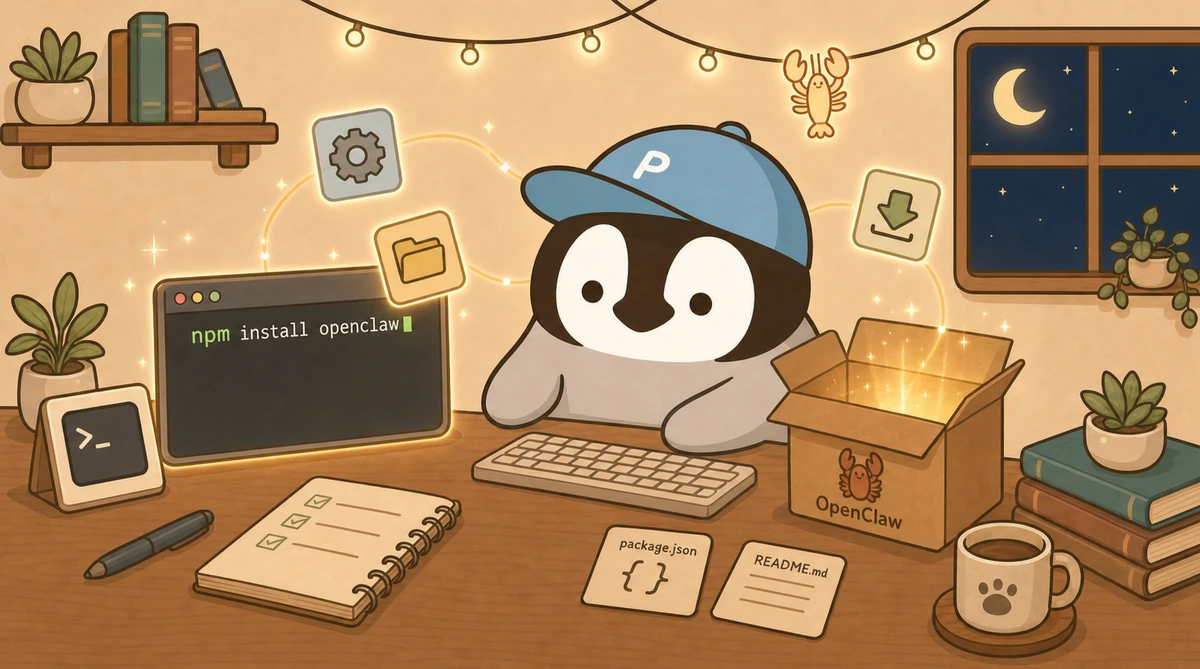 A little penguin installs OpenClaw in the terminal, with a glowing starter toolkit on the desk