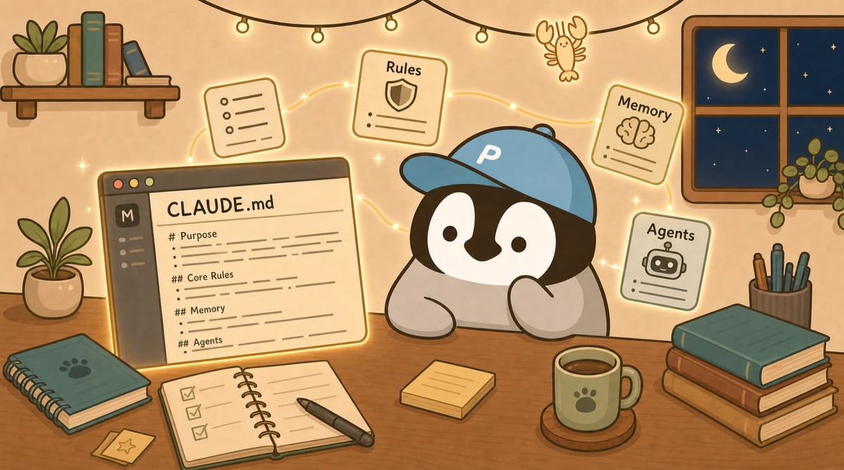 A little penguin organizes a CLAUDE.md editor, with rules, memory, and agent cards floating around it