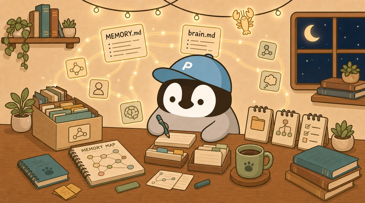 A little penguin connects MEMORY.md, brain.md, and index cards into a glowing memory map