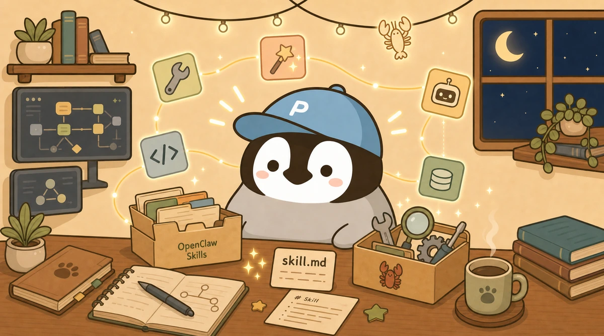 A little penguin opens a skill toolbox, with skill.md and new capability cards on the desk